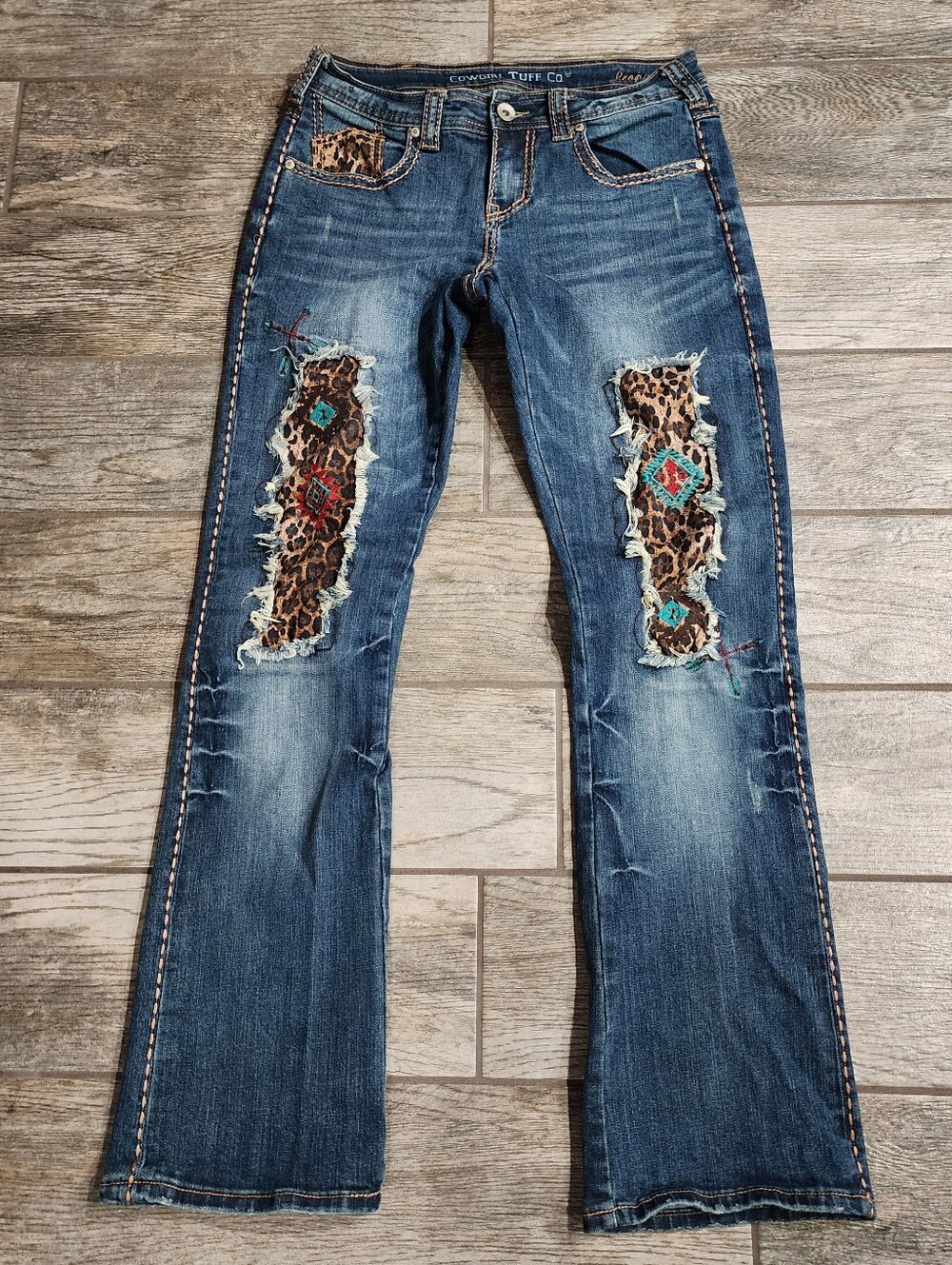 Cowgirl Tuff Bootcut Jeans Leopard Pride Aztec Distressed Western 28x33